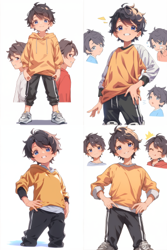 男孩站立，运动衣运动鞋，q版漫画风格，卡通化，平面设计，纯白背景，动态捕捉，多姿势，大眼睛微笑，酷表情，夸张比例，明亮色彩，简洁线条，正面视角，高饱和度，活力四射。