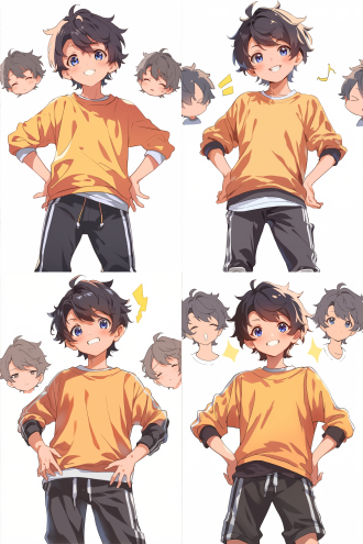 男孩站立，运动衣运动鞋，q版漫画风格，卡通化，平面设计，纯白背景，动态捕捉，多姿势，大眼睛微笑，酷表情，夸张比例，明亮色彩，简洁线条，正面视角，高饱和度，活力四射。