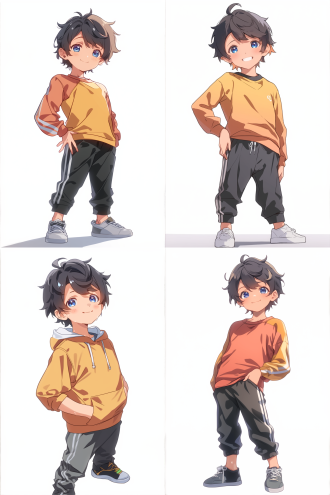 男孩站立，运动衣运动鞋，q版漫画风格，卡通化，平面设计，纯白背景，动态捕捉，大眼睛微笑，酷表情，高清，扁平化设计，明亮色彩，夸张表情，简洁线条，活力四射，年轻气息。