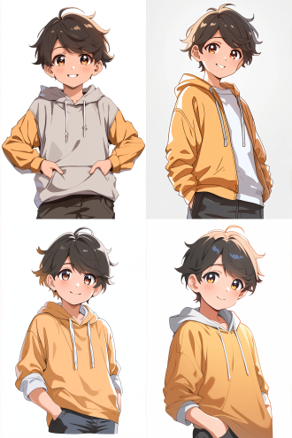 男孩站立成熟优雅，q版漫画风格，卡通化，平面设计，纯白背景，动态捕捉，大眼睛微笑，酷表情，高清，扁平化设计，简洁线条，明亮色彩，正面视角，柔和光线，细节精致，表情生动，服装时尚，背景纯净，视觉焦点，艺术感强。