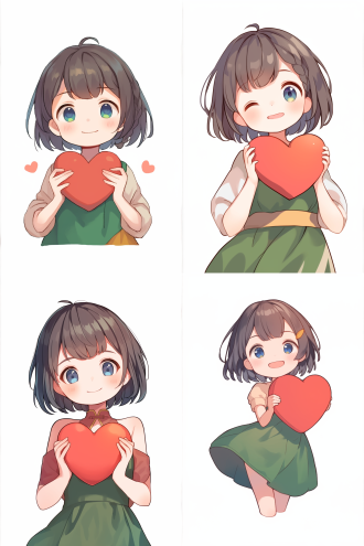 女孩手持爱心，麻花辫，红绿色裙子，白色背景，幽默表情，高分辨率，简洁构图，正面视角，细节清晰，微笑，高分辨率，简洁构图，正面视角，细节清晰，微笑，高分辨率，简洁构图，正面视角，细节清晰，微笑。 卡通 动画艺术