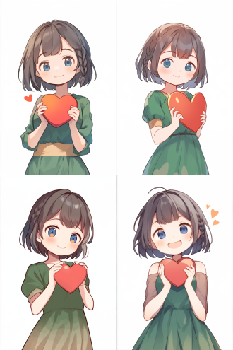 女孩手持爱心，麻花辫，绿色裙子，白色背景，幽默调皮表情，高分辨率，简洁构图，正面视角，细节清晰，微笑，明亮光线，鲜艳色彩，轻松氛围，近景镜头，自然光，生动表情。 卡通 动画艺术