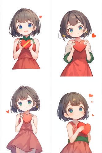 女孩手持爱心，麻花辫，红色裙子，白色背景，调皮表情，高分辨率，简洁构图，正面视角，细节清晰，微笑，高饱和度，明亮光线，正面镜头，清晰焦点，活泼，温馨。 卡通 动画艺术