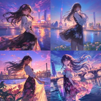 长发黑眸女孩着透视碎花裙河边站立微笑看观众，动态构图，上海河畔，彩色云空、霓虹月光，中性光，动态角，写实高清。