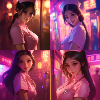 中国女孩穿粉色护士服戴护士帽在夜总会微笑，浅景深，对角线布局，暖光，8k raw 高质量写实风，黑发红肤，轻松。