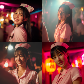 中国女孩穿粉色护士服戴护士帽在夜总会微笑，浅肤色黑直发，景深效果，8k raw照，暖光，近景，甜美氛围。