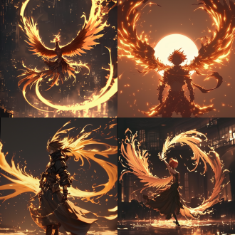 幻想，飞翔的凤凰，玩和飞溅的火焰，全身，光环，漩涡火，火泉，热，红色和光金，华丽，晕散，背光，超级细节，3d渲染，绘画拍摄，侧视图，蒸汽视图