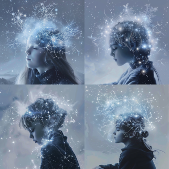 精灵在太空冥想，北欧皇冠，星光闪烁，金young shin风格，空灵静止，树突状光环，明亮的星空，nicoletta ceccoli灵感，高对比度，广角镜头，侧光，慢快门，宁静，神秘，金色与蓝色调。