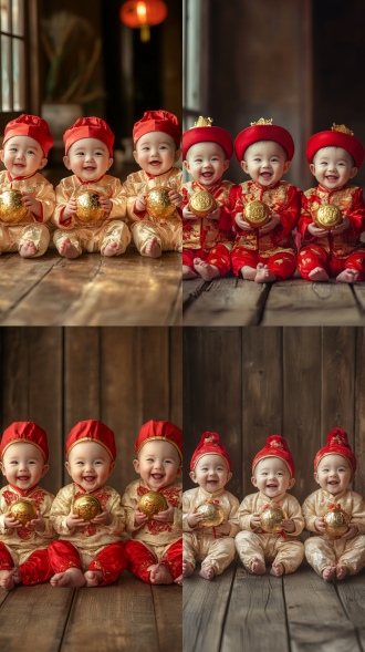 五个一岁的宝宝穿着同样的中国风沙服，戴着红帽子，坐在木地板上，拿着金元宝，个个笑得很开心，五官精致漂亮，大眼睛，皮肤细腻，整体看起来特别喜庆。照片效果超级逼真，近距离拍摄！景深，高质量