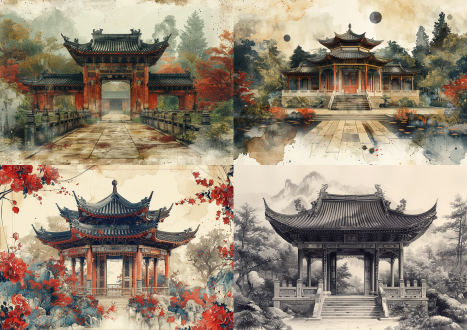 a traditional chinese garden with intricately designed pavilions and pathways, depicted in a symmetrical ink wash style