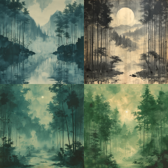 a serene bamboo forest with misty air, featuring delicate ink wash style, symmetrical layout, and tranquil ambiance