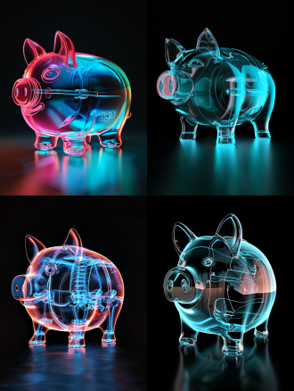 x-ray, a glowing piggy bank icon in full color, front view, glass, hd, high quality, 8k, oc rendering, black background