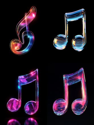 x-ray, a glowing musical note icon in full color, front view, glass, hd, high quality, 8k, oc rendering, black background