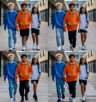 a photo of three 12 yr old children walking arm in arm, the first boy has blonde spiky hair blue eyes a blue hoody and jeans, the second boy is dark skinned with curly short back and sides haircut wearing an orange hoody and jeans, the third girl is of chinese origin with a jet black straight hair bob wearing glasses, a white t-shirt and black shorts