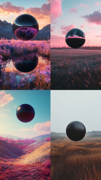 black sphere floating in air, colorful landscape, 3d, a in the style of vray, soft, romantic landscapes