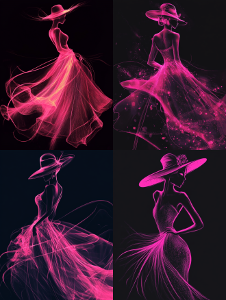 elegant, fashion design. elegant and dress fashion illustration with a fluttering dress and hat in neon pink against a black background. the figure appears to be glowing from within, creating a glamorous effect that highlights the lavish texture of her outfit. her posture exudes confidence and elegance, showcasing the beauty of the outfit.