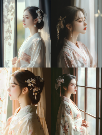 a young woman in a beautiful hanfu flowers, standing by the window. the light through the glass highlighted the intricate patterns on her clothes and the gentle expression on her face. the delicate accessories in her hair complement her traditional style and add a touch of elegance. her poised, reflective demeanor and soft natural light create a serene, introspective atmosphere that evokes a sense of timeless elegance and heritage.