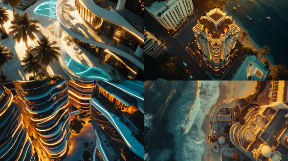 cinematic shot, dji mavic 3, 3 story building, expensive, glowing neon, a chromatic waves, fluid lines, decorative lines, gold, architecture, photography, exotic island, sunny weather, gold and white color palette, cinematic