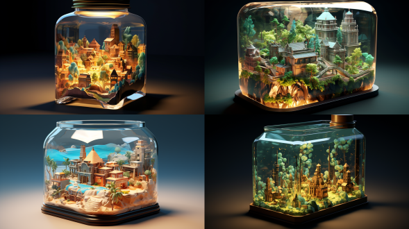 three-dimensional, surreal, hyper-realistic, sandbox world, glass bottle, palace, low polygon model style, isometric perspective, microlens, stereo, 32k hd, super-clear, masterpiece, superb composition, rich detail, the colors and shadows were dazzling.