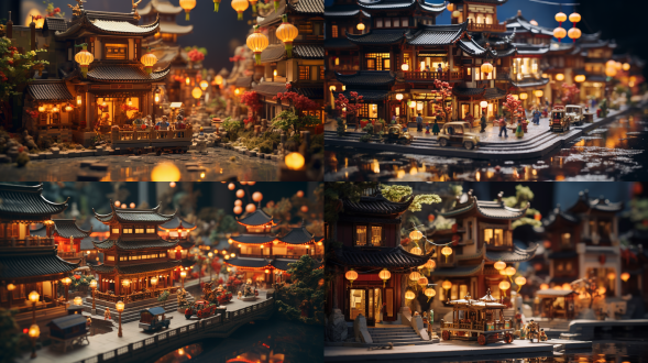 highly detailed, ultra-high resolution, 32k uhd, best quality, masterpiece, taoist, gas, landscape, food, blur, depth of field, sidewalk, shop, lantern, bread, architecture, cobblestone, blurred foreground, east asian architecture. the image shows an elaborate miniature of an ancient asian town, with beautifully designed buildings, lanterns, and various store displays of baked goods