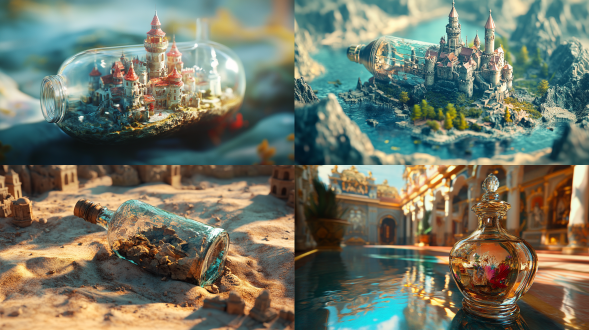 three-dimensional, surreal, hyper-realistic, sandbox world, glass bottle, palace, low polygon model style, isometric perspective, microlens, stereo, 32k hd, super-clear, masterpiece, superb composition, rich detail, the colors and shadows were dazzling.
