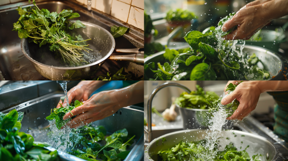 在厨房中干净的器具里，将青菜择洗干净，去除老叶和根部。