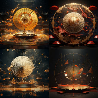 动态元素设计，对角线构图，福州油纸伞骨架网格，暖冷色调对比，侧光，实时摆动、粒子动画，金箔质感，传统元素解构，紧张氛围。