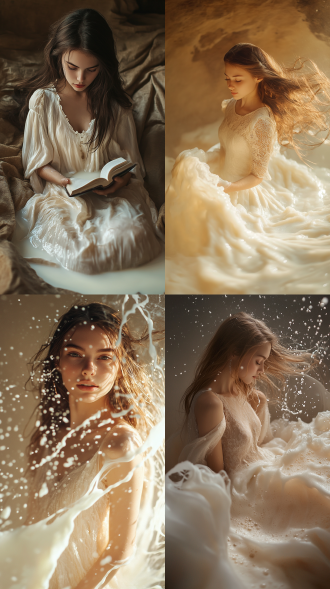 女孩被牛奶包裹，梦幻场景，柔和光线，流动牛奶，平静表情，长发飘逸，牛奶质感长裙，温暖环境，远摄镜头，自然光，慢快门，优雅，纯洁。