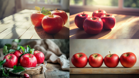 鲜艳苹果，木质桌面，浅色背景，明亮红色，光滑光泽，新鲜诱人，柔和自然光，纹理细节，简洁构图，鲜明色彩，静物魅力，自然美。