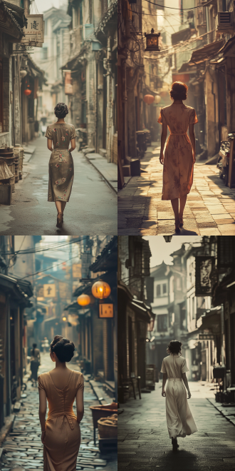 20世纪30年代老上海街道，怀旧电影海报风，穿旗袍的女人背影，女人在走路，街道两侧老式建筑，复古色调，长焦镜头，柔和侧光，慢快门，优雅，怀旧，神秘。