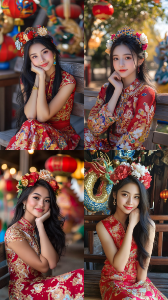 photos of the chinese new year,the image is a portrait of a young woman dressed in traditional chinese clothing. she is wearing a red and gold dress with intricate patterns and designs. her hair is styled in a traditional updo with a flower crown on top. she has long black hair and is sitting on a wooden bench with her chin resting on her hand. in the background,there are colorful lanterns and a statue of a dragon. the overall mood of the image is festive and celebratory.,