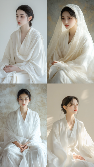 a contemplative portrait of a young woman dressed in a white hanfu, with a serene expression and a pensive pose. minimalist background highlighting the dramatic interplay of light and shadow. soft directional lighting emphasizes facial features. an ethereal atmosphere with subtle details in the fabric. high contrast and artistic composition. the scene is both tranquil and captivating, with a focus on intricate textures and lighting effects.