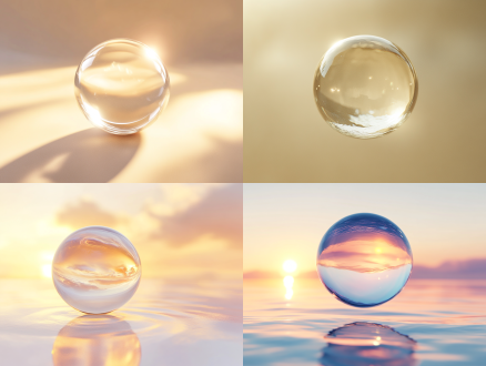 minimalism, high angle shot of glass sphere floating in the air, centered, soft lighting, volumetric light, sof background, smooth shiny, translucent, surreal, 3d, product photography, beauty, golden hour, sun flare no shadows, close-up, macro shot, shallow depth of field, highly detailed, super sharp focus, minimalist abstract, flat design, simple, clean - ar 3:4