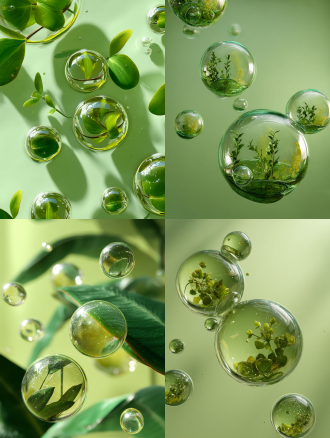 there are several green oil bubbles floating on a light green background, with green plants inside. macro photography, surrealist style, 3d rendering, 3d scene, high resolution, high detail, high quality