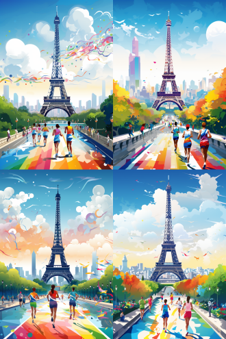 巴黎奥运会，扁平风格，海报，城市天际线，埃菲尔铁塔下有跑道，运动员在跑步，旁边有人在围观，运动元素，鲜艳色彩，活力