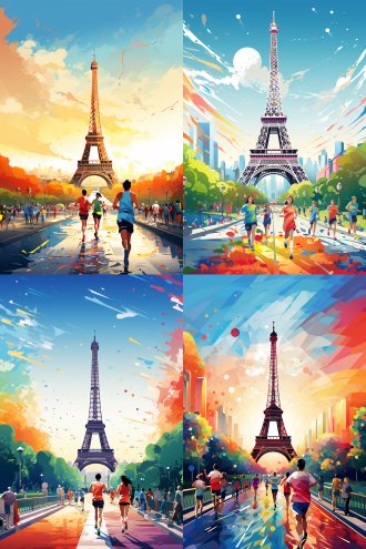 巴黎奥运会，扁平风格，海报，城市天际线，埃菲尔铁塔下有跑道，运动员在跑步，旁边有人在围观，运动元素，鲜艳色彩，活力