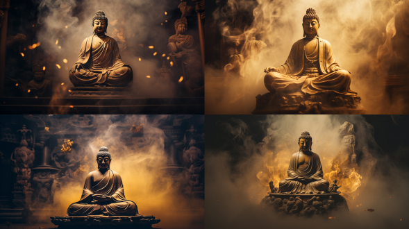 佛祖雕像，烟雾缭绕，庄严气氛，佛教建筑，金色光芒，暗调，宏伟构图，超广角镜头，静态，虔诚，真实质感，高对比度，侧光，神圣，古朴，宁静。
