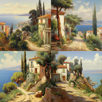 浪漫的地中海沿岸乡村生活、海滨风光和建筑群，奥地利画家阿洛伊斯·阿内格（alois arnegger）风格，高低错落的自然景观、阳光灿烂，画面色彩丰富，画笔细腻；海滨建筑间错落生长着月桂树、塔柏树、橄榄树和各种地中海常见灌木造景，植物细节丰富，松弛感，旅游胜地，新古典主义镜头语言，标准镜头，引导线构图，壁纸 风格：摄影，不对称构图
