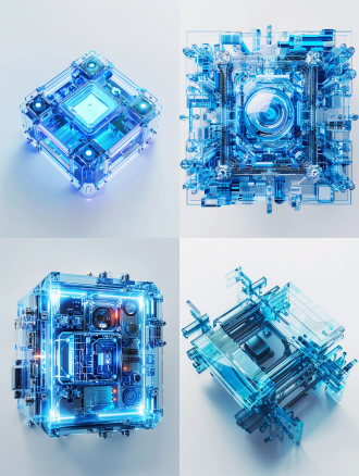 抽象3d数据处理器，锁为主体，蓝色，磨砂玻璃透明科技感工业设计，白色背景的工作室灯光，3d，c4d，blender，oc渲染器高细节，16k分辨率，冷色调，科技感，透明质感，工业风，精细纹理，光线反射，简洁风格，现代感，干净调色板，白色空间。空中视觉，微缩视觉。