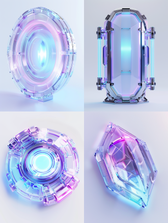 抽象3d数据处理器底座，护盾主体，浅蓝紫色，磨砂透明玻璃，科技感，白色背景，工作室灯光，3d建模，c4d，blender，oc渲染器，高细节，16k分辨率，冷色调，透明质感，工业风，精细纹理，光线反射，简洁现代，干净调色板，白色空间，空中微缩视觉。