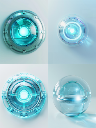 安全系统图标，天蓝色调，细节丰富，octane渲染，透明玻璃质感，磨砂玻璃，透明科技感，工业设计风格，白色背景，工作室灯光，阳光照射，平面化，极简主义，准对象，轴对称，blender，c4d制作，最高质量，4k分辨率。