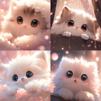可爱小宠物呈动漫风，居中构图，梦幻背景，柔和色调，特写镜头，顶光，萌态，治愈，大眼睛，蓬松毛，活泼。