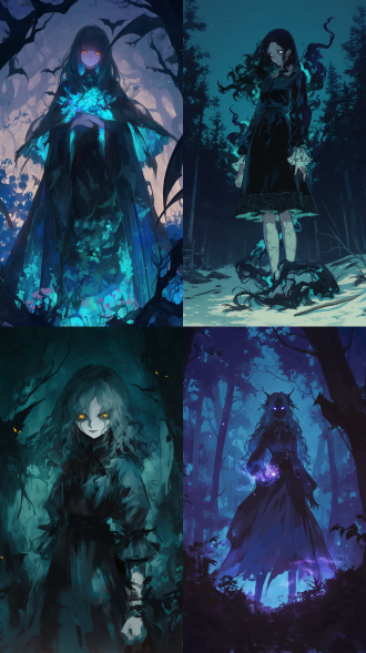 罪恶女孩，森林背景，夜晚，诡异风格，魔法浮现，克苏鲁风格