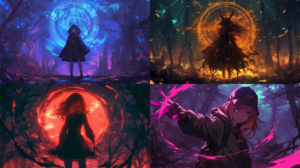 罪恶女孩，森林背景，夜晚，魔法浮现，恐怖惊悚风格，光线明亮，邪恶魔法阵，魔法能量浮现