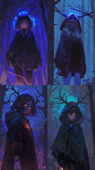 邪恶女孩，森林背景，夜晚，诡异风格，魔法浮现