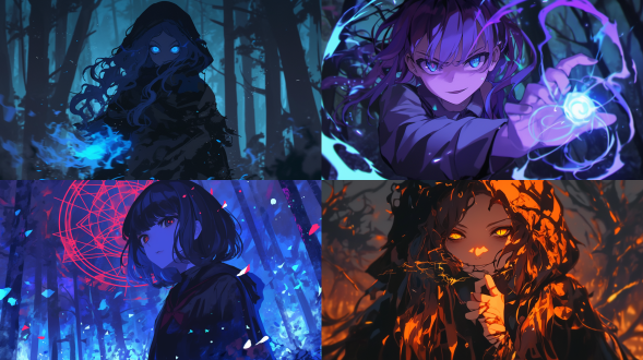 罪恶女孩，森林背景，夜晚，魔法浮现，恐怖惊悚风格，光线明亮，邪恶魔法阵，魔法能量浮现，人物特写