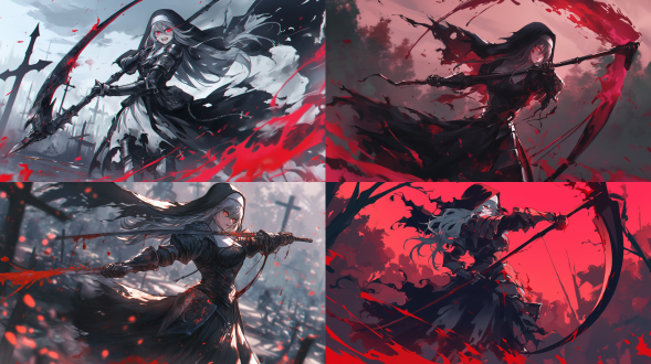 黑白色的破旧盔甲，头戴兜帽的战斗修女，表情癫狂，手持镰刀，挥舞动作，动态姿势，红色液体四溅，盔甲破旧缺损，黄昏森林背景