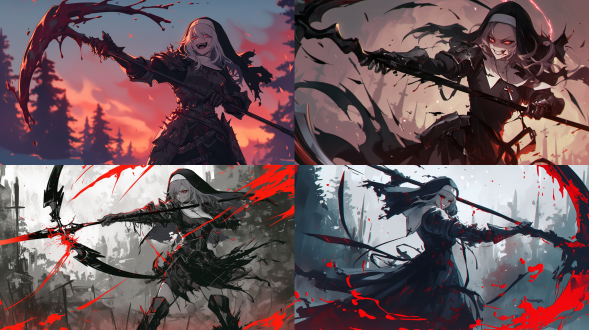 黑白色的破旧盔甲，头戴兜帽的战斗修女，表情癫狂笑容，手持镰刀，挥舞动作，动态姿势，红色液体四溅，盔甲破旧缺损，黄昏森林背景