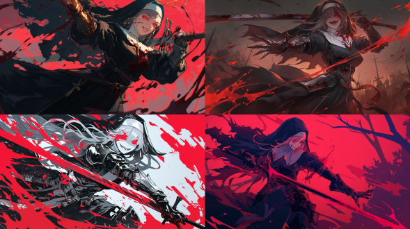 黑白色的破旧盔甲，头戴兜帽的战斗修女，表情癫狂笑容，手持长剑，挥舞动作，动态姿势，红色液体四溅，盔甲破旧缺损，黄昏森林背景