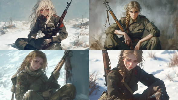 苏联女军人，身穿旧军装，军装很多地方破烂，脸上有红色伤痕迹，像刚从战场下来。裤腿挽起，穿鞋盘坐，披着金色头发，双手拿着一杆破旧的军用枪支，表情悲伤，雪地背景，正面对画面，对称构图，特写，冷光